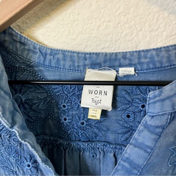 Anthropologie Seen Worn Kept Embroidered Cotton Flare-Sleeve Blouse Blue Size 4 - Picture 12 of 15